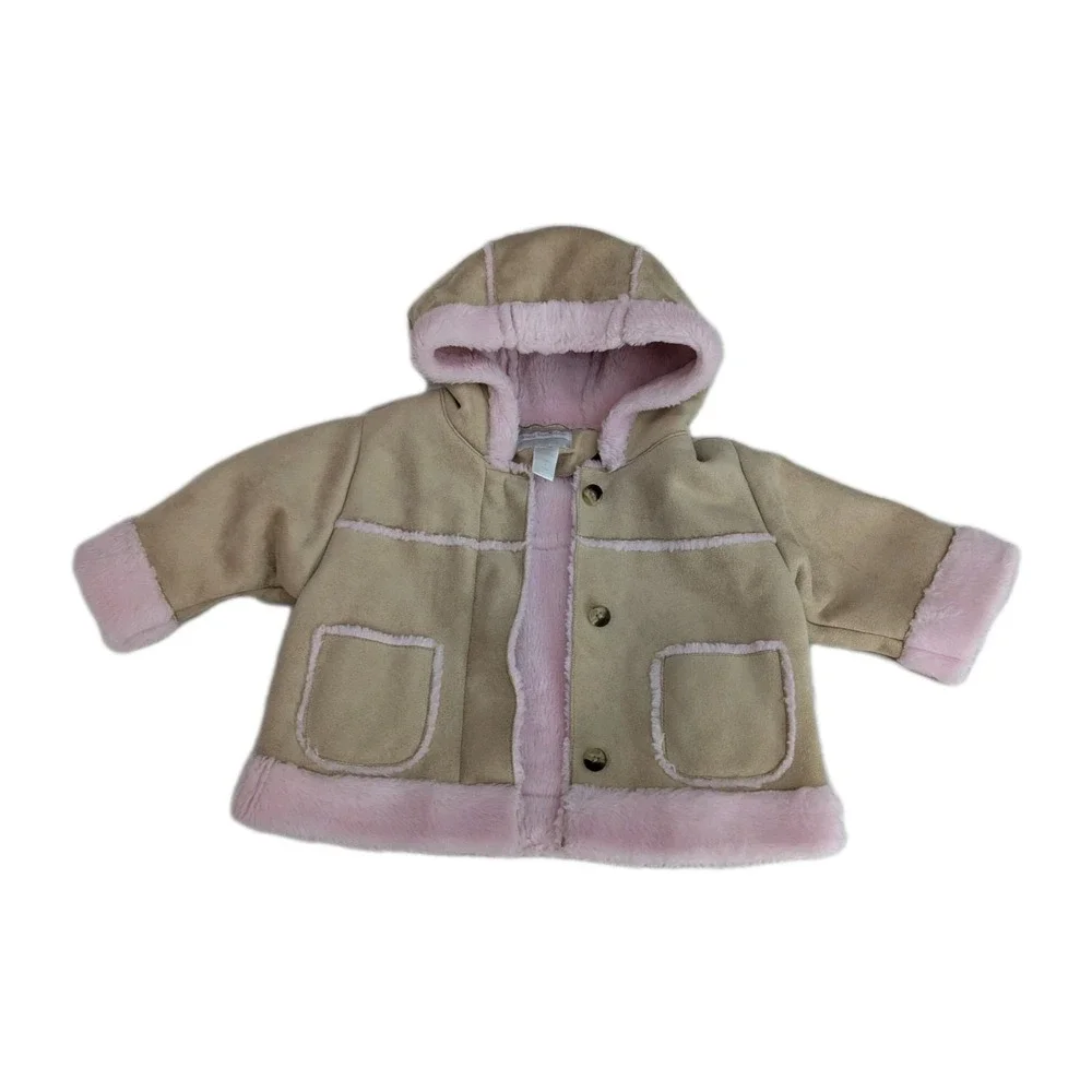 Baby Luxuries Children's Place Baby Girl 6-9M Suede Coat Faux Fur Lined Pink Tan